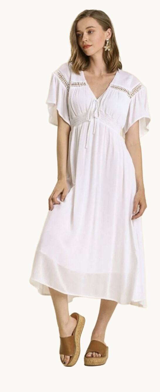 Umgee V-Neck Smocked Waist Flutter Sleeve Midi Dress White Small